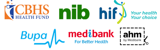Accepted health funds: CBHS, nib, hif, Bupa, Medibank, ahm